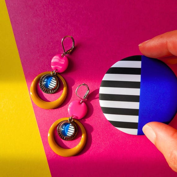 Duo boucles et broche marinière | Bijoux bord de mer colorés | Rayures graphiques été | Cadeau femme original fait main