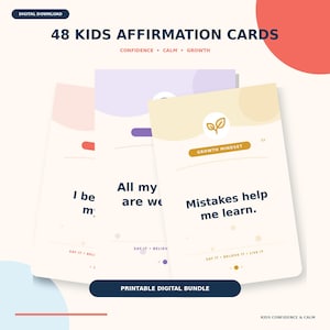 May include: A set of 48 kids affirmation cards featuring a digital download bundle. The cards display text including "Mistakes help me learn," "Growth Mindset," and "Say it, believe it, live it," with soft pastel backgrounds and simple leaf icons.