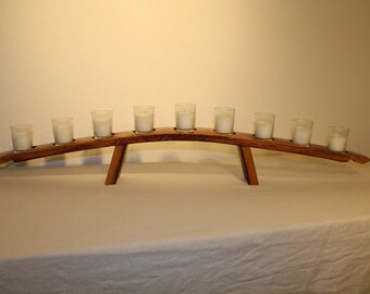 Hanukkah, Menorah wine barrel stave candle holder made from reclaimed wood. Nice home decor with 9 votive candles. Table center piece.