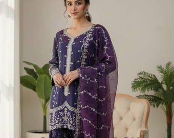 Silk Embroidered Kurta Sharara Plazza Set with Dupatta | Ready to Wear Ethnic Suit