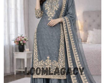 Top & Palazzo Set Embroidered Top with Moti Work Matching Dupatta Party Festive Ethnic Wear