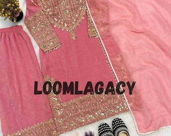 Silk Embroidered Top with Sharara Pant Set | Fully Sleeved, Sequence Work, Fancy Border Dupatta