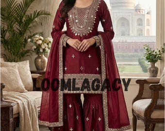 Silk Embroidered Sharara Set with Mirror Work Women Ethnic Wear Fully Stitched