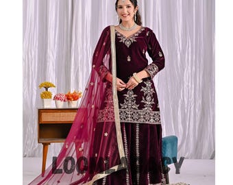 Velvet Embroidered Sharara Set | Fully Stitched Top, Palazzo & Dupatta | Party Wear