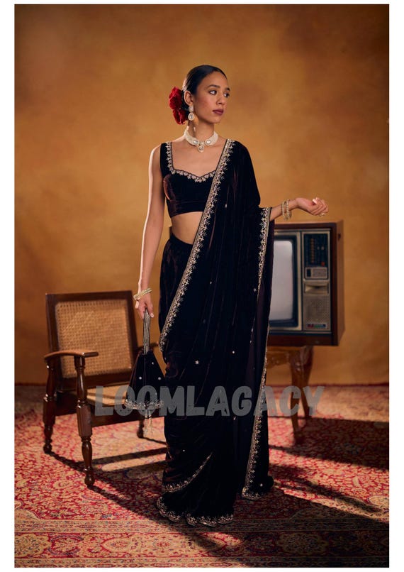 Pure Velvet Saree with Embroidery Lace Border Moti Work | Stitched Blouse | Indian Party Wear