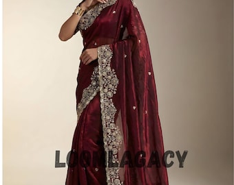 Silk Embroidered Saree Beads & Sequins C-Pallu | Designer Party Wear with stitched Blouse