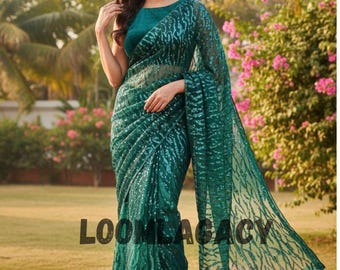 Ombre Print Imported Fabric saree with Heavy Sequin Work and Silk Blouse