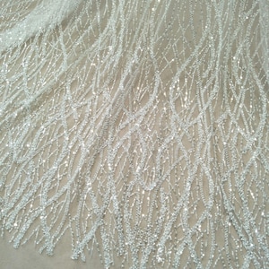 Può includere: Primo piano di un tessuto bianco sporco scintillante con un delicato motivo a rete. Il tessuto è densamente impreziosito da paillettes scintillanti, creando un effetto strutturato e scintillante. Il design presenta linee fluide e organiche e un sottile sfondo neutro.