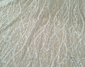 ivory sequins and small silver sequins with beads and pearls 130cm width wedding gown dress lace sell b yard
