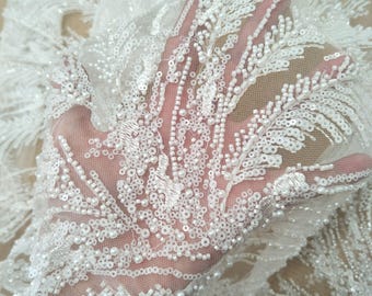 bridal handmade beading and pearls ivory color lace sequins 130cm width dress lace