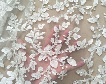 ivory bridal wedding gown dress lace handmade beading lace fabric 130cm with beading sequins lace sell by yard