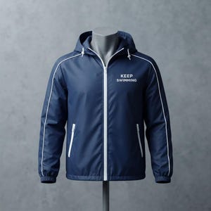 May include: A navy blue zip-up hooded jacket featuring white piping along the sleeves and a white front zip. The text KEEP SWIMMING is printed in white on the upper left chest. The jacket includes two side pockets with white zip closures.