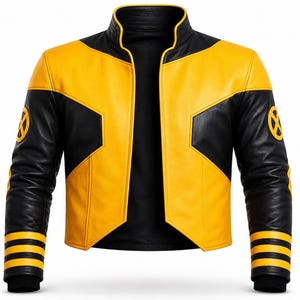 May include: A yellow and black leather jacket featuring a high collar, long sleeves with three horizontal yellow stripes at the cuffs, and a circular yellow and black X-shaped logo emblem on each shoulder. The front displays a colour-blocked design.