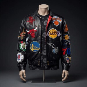 Men’s Patchwork Leather Varsity Jacket, Basketball Bomber Coat