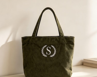 Personalized Corduroy Tote Bag with Zipper, Embroidered Name Monogram Bag, Bridesmaid Gift, Christmas Travel Tote