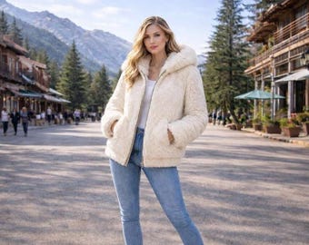 Cream Faux Fur Hooded Jacket – Cozy Winter Coat for Women, Mountain Style