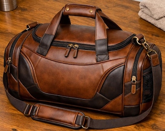 Full Grain Leather Duffle Bag, Laser Engraved Weekender Travel Holdall