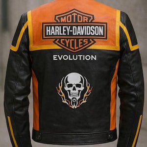 Men's Harley Davidson Style Leather Biker Jacket – Orange Black Racing Patches Evolution