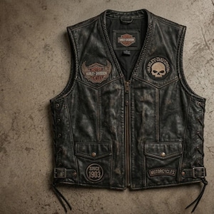 Gilet da motociclista vintage da uomo in pelle invecchiata con toppe / Gilet con teschio Willie G – Nero/Marrone e toppe adesive dtf