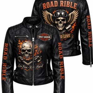 Chaqueta de cuero hecha a mano para hombre y mujer – Diseño de calavera y alas DTF