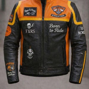 Herr läderjacka i motorcykelstil – Orange och svart Racing Patches Evolution