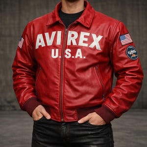 Avirex USA スリムフィット レッドレザーボンバージャケット – ヴィンテージイーグル＆フラッグデザイン