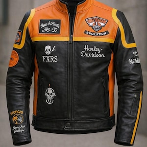 Men's motorcycle Style Leather Biker Jacket – Orange Black Racing Patches Evolution