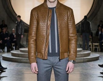 Mens Quilted Brown Leather Bomber Jacket Luxury Slim Fit Casual Biker Coat
