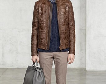 Men's  Brown Crocodile-Embossed Leather Jacket - Sleek Minimalist Biker Style