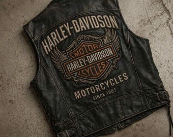 Gilet da motociclista vintage Harley-Davidson da uomo in pelle invecchiata con toppe / Gilet Willie G Skull – Nero/Marrone e toppe adesive dtf