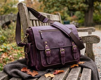 AERONA Burgundy Leather Messenger Bag – Vintage Brass Buckle Shoulder Satchel”