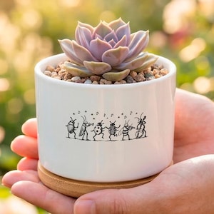Rolig musikalisk insektsband mini-växtkruka, glansvit keramisk planteringslåda med dräneringsbricka i bambu, unik inflyttningspresent för växtföräldrar