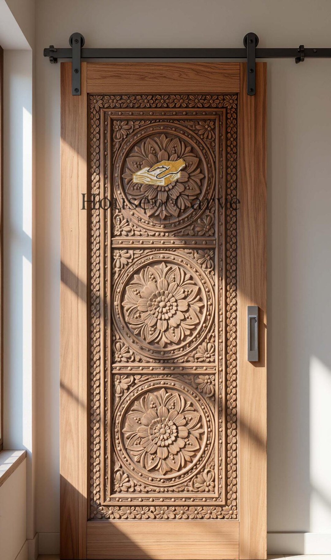 Hand Carved Barn Door – Floral Round Panel Design, Solid Wood Sliding ...