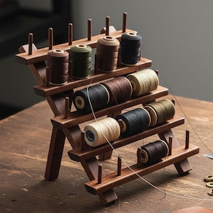 Op de afbeelding: Een houten draadspoelhouder met meerdere spoelen draad in verschillende kleuren, waaronder bruin, groen en zwart. Een stuk leer, een mes en kleine metalen hardware liggen ook op het houten oppervlak. De scène suggereert een knutsel- of naaiproject.