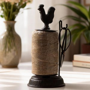 Op de afbeelding: Een decoratieve touwdispenser met een zwart haanbeeldje erop. De dispenser bevat een spoel natuurlijk gekleurd touw en bevat een zwarte schaar. De basis en de haan zijn van metaal.