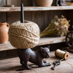 Puede incluir: Un soporte de cuerda con forma de gato marrón con una bola de cuerda encima. El gato está en reposo. Una bobina de madera con cuerda y una llave están cerca. Decoración rústica.