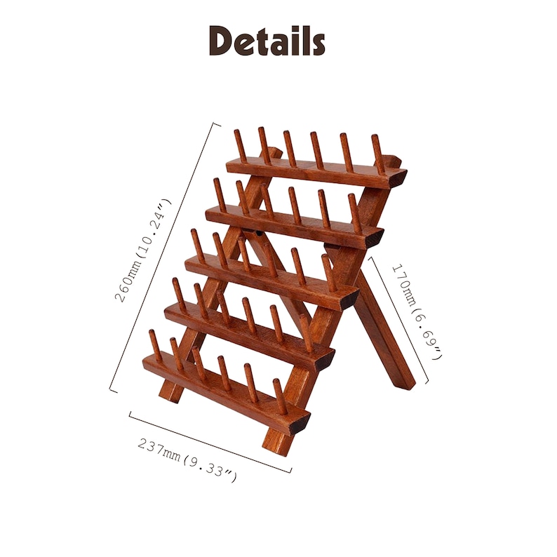 May include: A wooden thread spool holder with four tiers, each holding multiple spools. The holder is 9.33 inches wide, 10.24 inches tall, and 6.69 inches deep. The word "Details" is at the top.