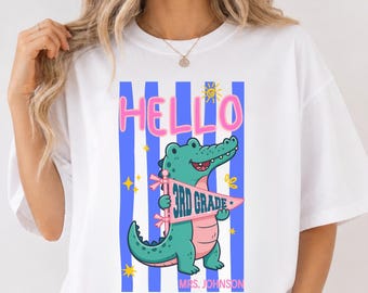 Hello Third Grade Shirt, Personalized Teacher Gator Tee, Back To School Shirt, Custom Teacher Name Shirt, Alligator Classroom Tee