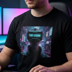 May include: Black t-shirt featuring a graphic of a person wearing a VR headset with the text "VIBE CODING" in teal. The VR headset is set against a futuristic cityscape with neon pink and blue lights. The person is seated at a desk.