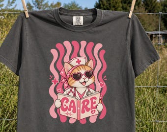 Cute Nurse Cat Shirt, Retro Nurse Kitty Tee, Nursing Student Gift, Nurse Appreciation Crewneck, Healthcare Worker Gift, Cat Lover Apparel