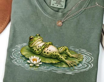 Funny Frog Comfort Colors® Shirt, Lounging Frog on Lily Pad Tee, Vintage Pond Animal T-Shirt, Frog Lover Gift, Relaxed Frog Crewneck Top