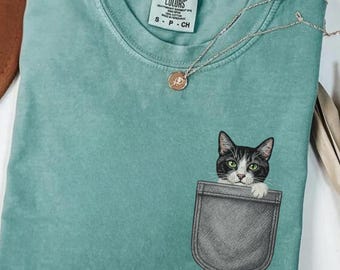Cat Mom Shirt, Tuxedo Cat Pocket Faux Embroidery Tee, Cat Person Gift, Peek a Boo Cat Top, Black White Formal Feline Apparel