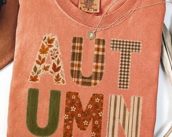 Fall Shirt Aesthetic for Women, Autumn Faux Patchwork Letters Tee, Fall Gift for Mama or Grandma, Cozy Autumn Tshirt Crewneck