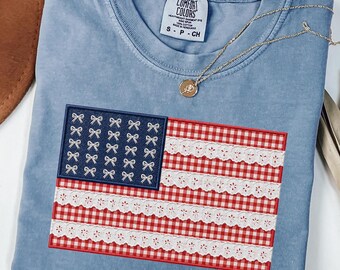 American Flag Faux Embroidery Tee Shirt, USA Patriotic T-shirt, USA Flag Faux Applique Tee, Cute Flag Bows~Lace Shirt, 4th of July Crewneck