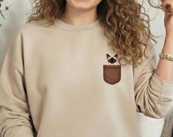 Cat Pocket Shirt, Siamese Cat Faux Embroidery Tee, Cat Mom Gift for Her, Blue Eyed Cat Lover Top, Retro Pet Owner Vintage Clothing