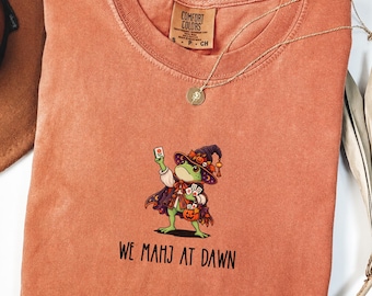 Halloween Mahjong Shirt, We Mahj At Dawn Frog Tee, Trick Or Treat Mahjong Gift, Cute Witch Frog Shirt, Fall Game Night Crewneck