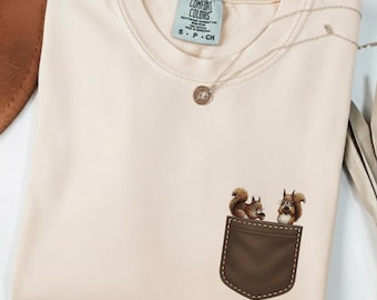 Squirrel Pocket Shirt, Embroidered Look Squirrel Tee, Cottagecore Nature Shirt, Squirrel Lover Gift, Woodland Animal T-Shirt