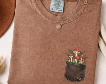 Mushroom Pocket Shirt, Faux Embroidery Forest Tee, Mycology Lover Gift, Cottagecore Nature Top, Vintage Forager Fungi Clothing
