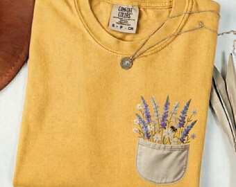 Lavender Wildflower Pocket Shirt, Faux Embroidery Nature Cottagecore Tee