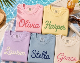Custom Faux Yarn Name Tee, Personalized Girls Trip Shirt, Comfort Colors Beach Vacation Shirt, Summer Besties Gift for Her